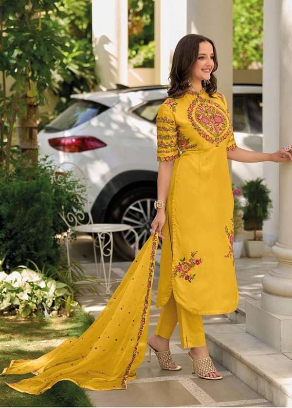 Embroidered Yellow Suit with Organza Dupatta