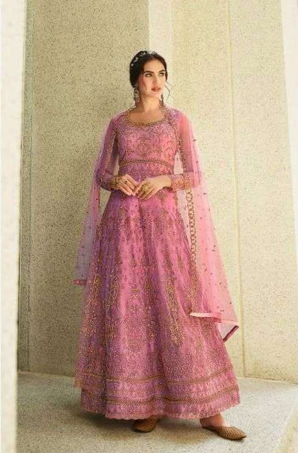 Pink Embellished Net Suit