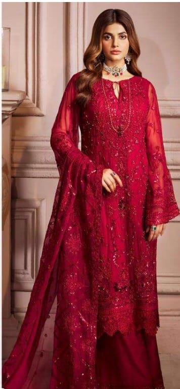 Red Embellished Georgette Suit