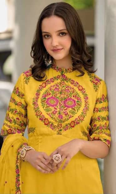 Embroidered Yellow Suit with Organza Dupatta